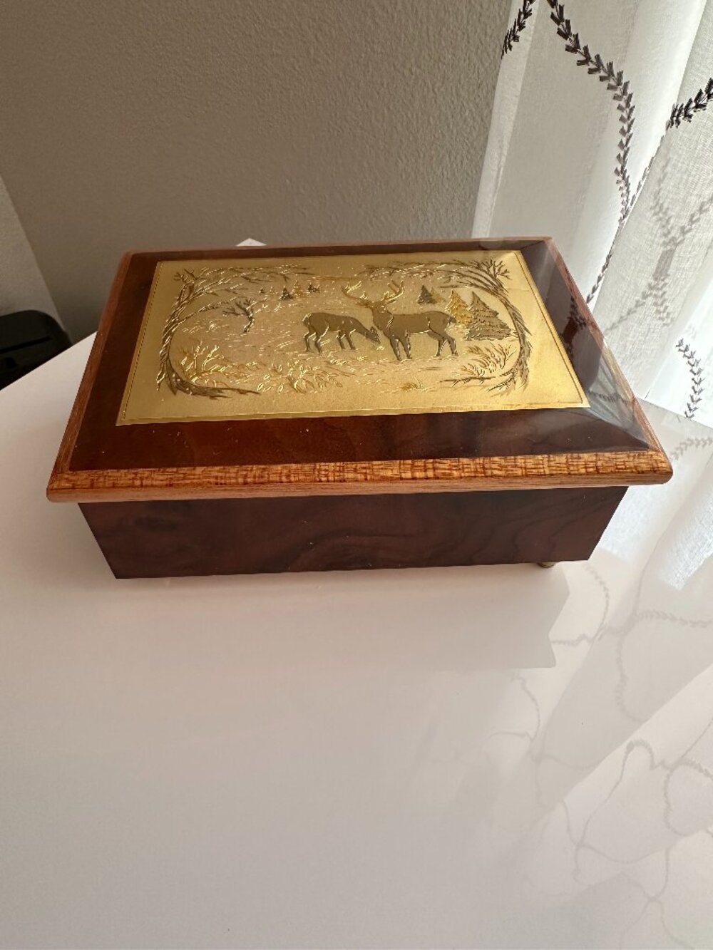 Vintage Reuge Wooden Music Box/ Inlay Decorative Gold-Toned Deer.